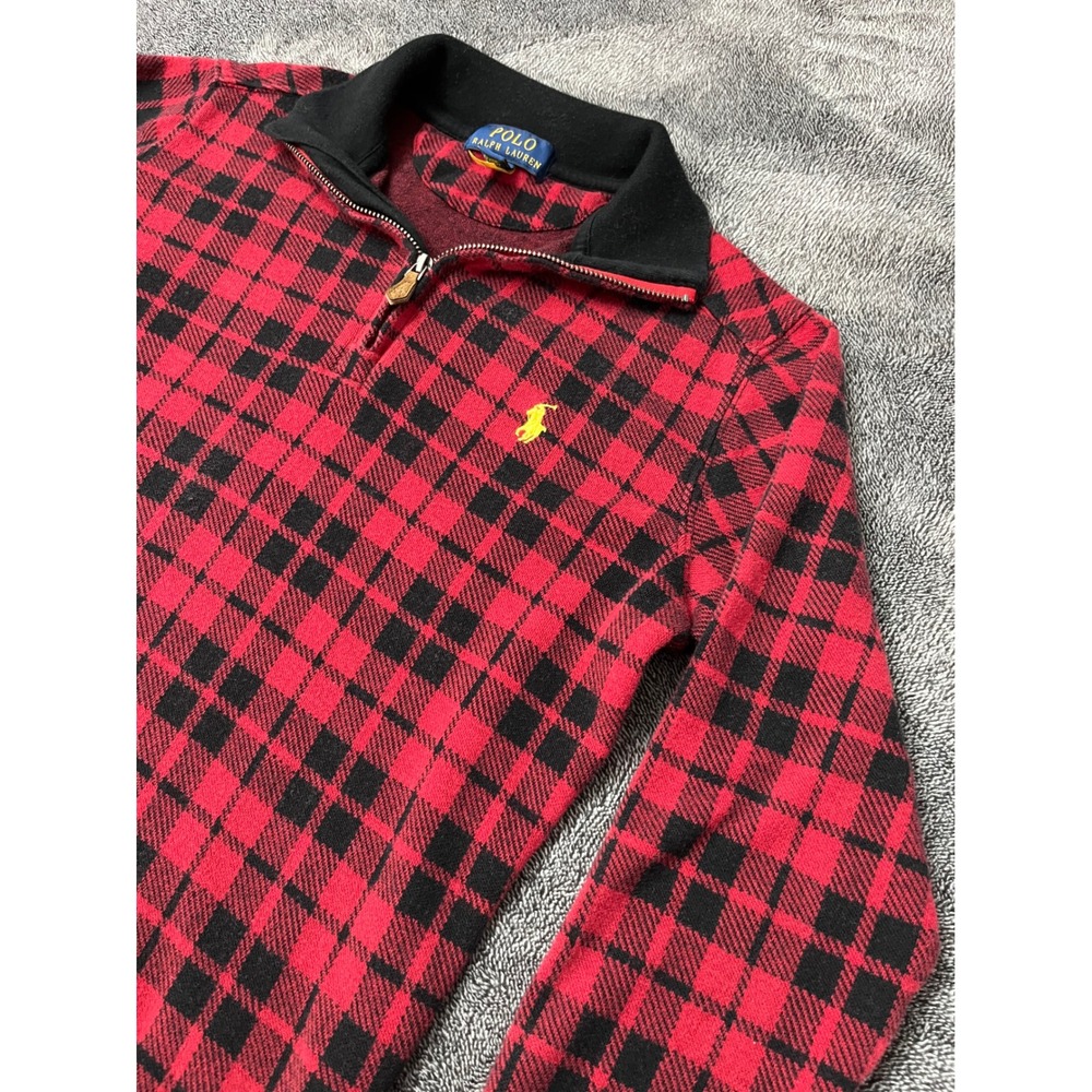 Polo Ralph Lauren Boys Red Black Plaid Quarter Zip Pullover Sweatshirt Size‎ M